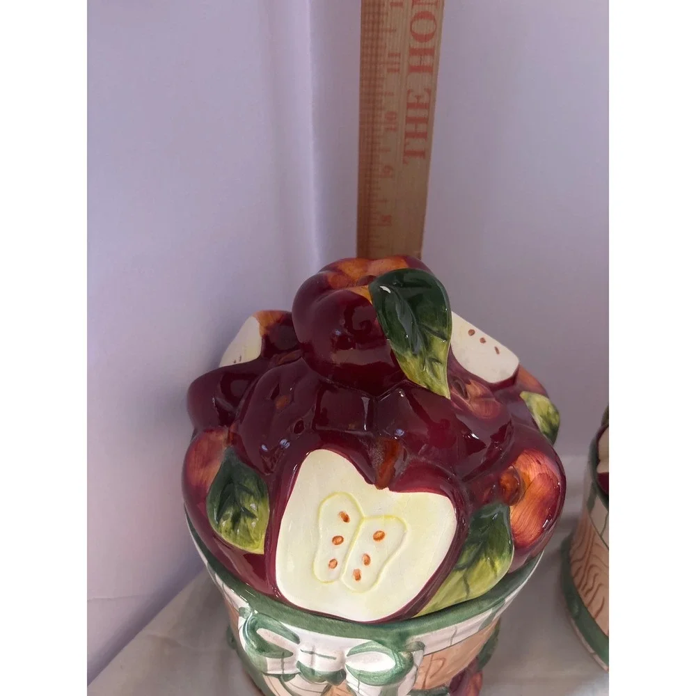 Apple Basket Canister Set 4 Piece Red Ceramic Farmhouse Kitchen‎ Decor Excellent